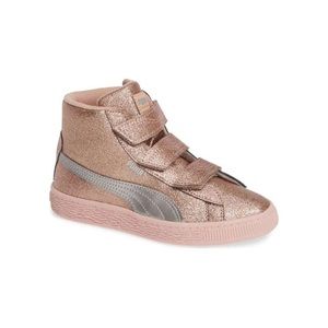 Puma Kids Basket Mid Strap Glitz High Top Shoes Gold Size 3C Glitter